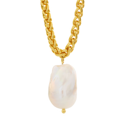 PERLA – Freshwater Pearl Pendant Wheat Chain Necklace