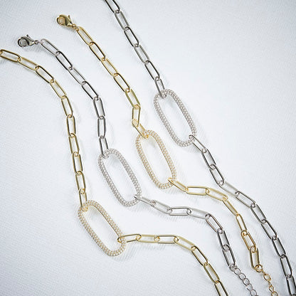 MARIA - Paperclip Bracelet With Pave Oval Link