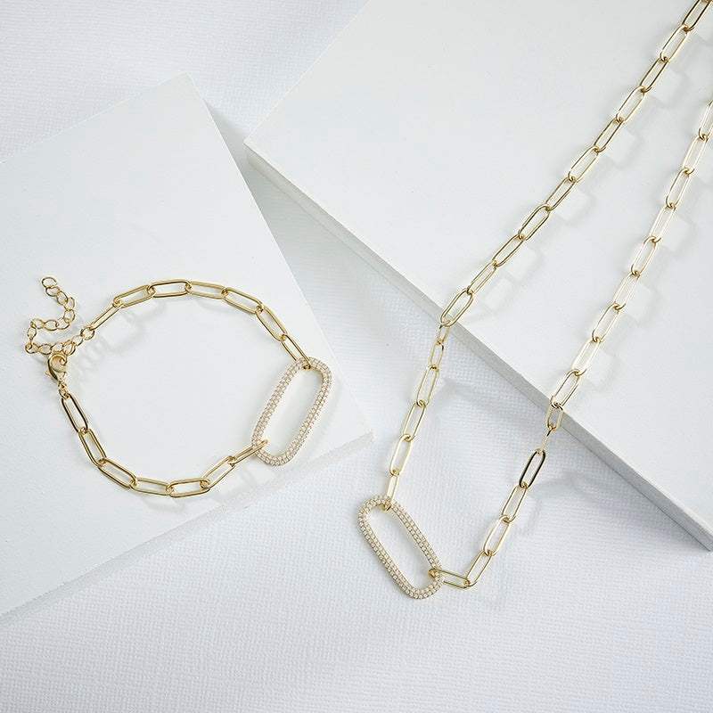 MARIA - Paperclip Necklace With Pave Oval Link